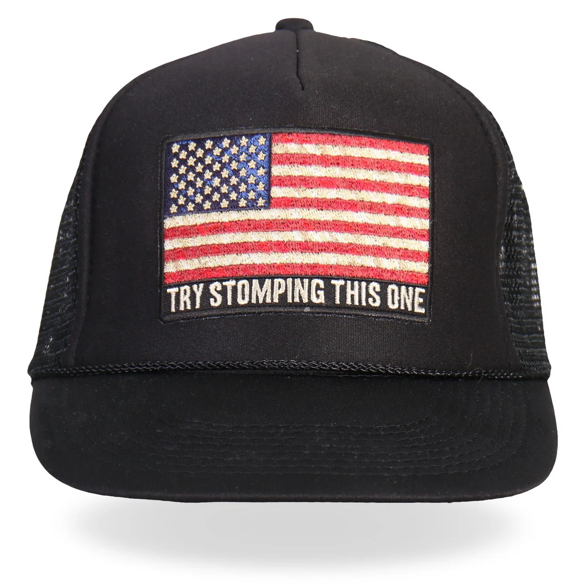 Elegant Hot Leathers GSH1016 Try Stomping This American Flag Black Trucker Hat Enhanced