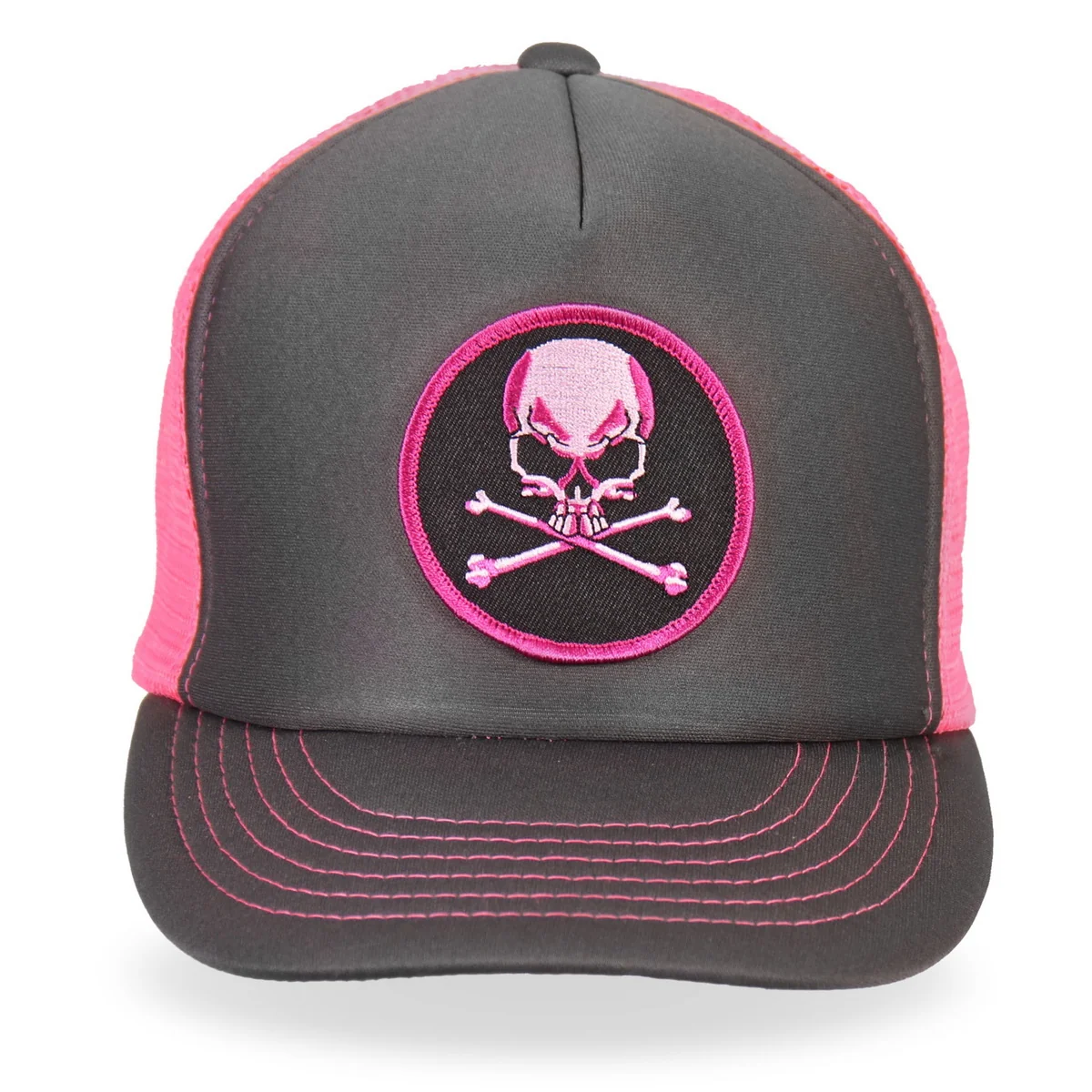 Genuine Hot Leathers GSH1011 Skull and Crossbones Grey and Pink Trucker Hat Lightweight