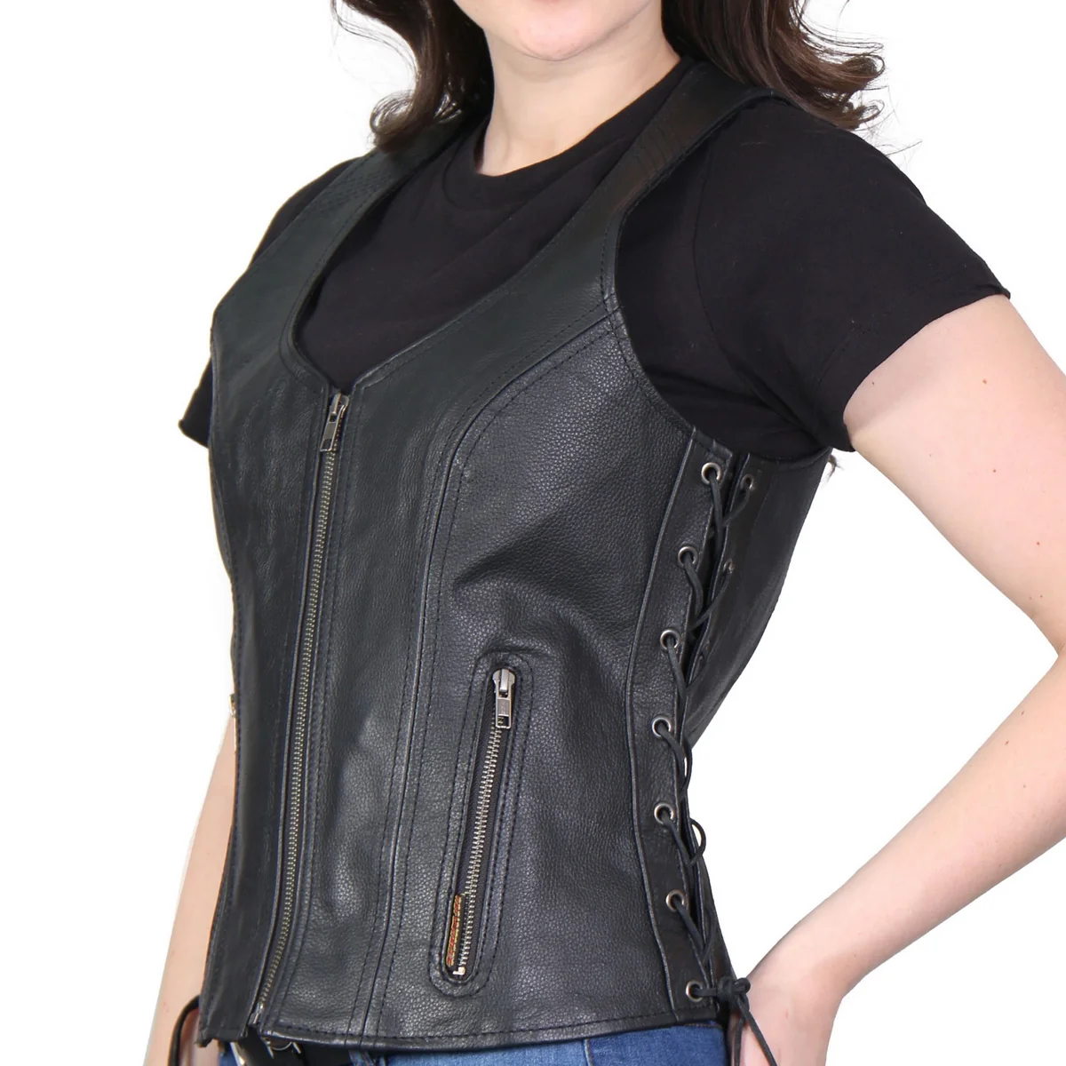 Dependable Hot Leathers L1013 Ladies Black Leather Side Lace Zip-Up Vest Comfortable