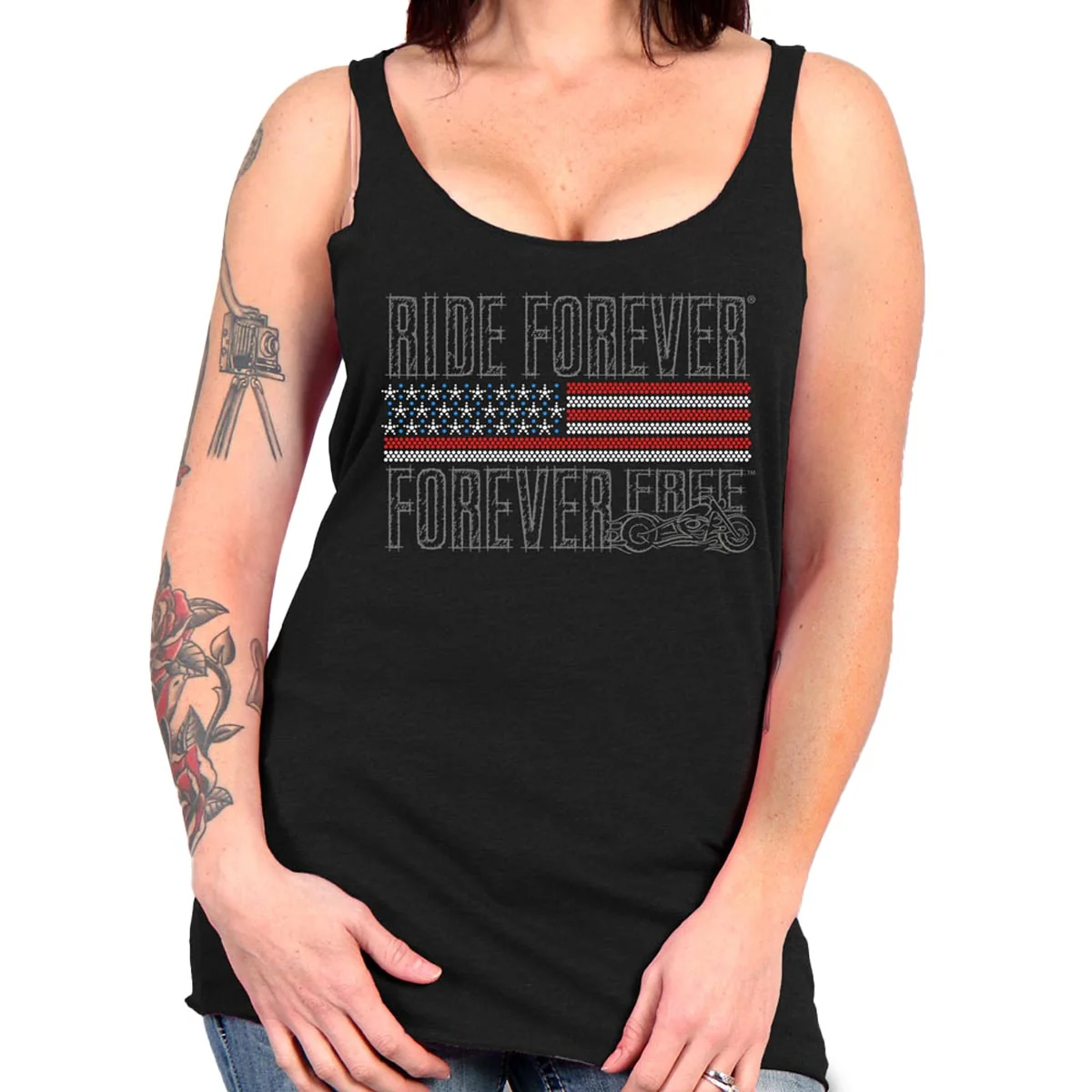 Practical Hot Leathers GLC2443 Ladies 'Ride ' US Flag with Bling Black Tank Top Shirt Professional