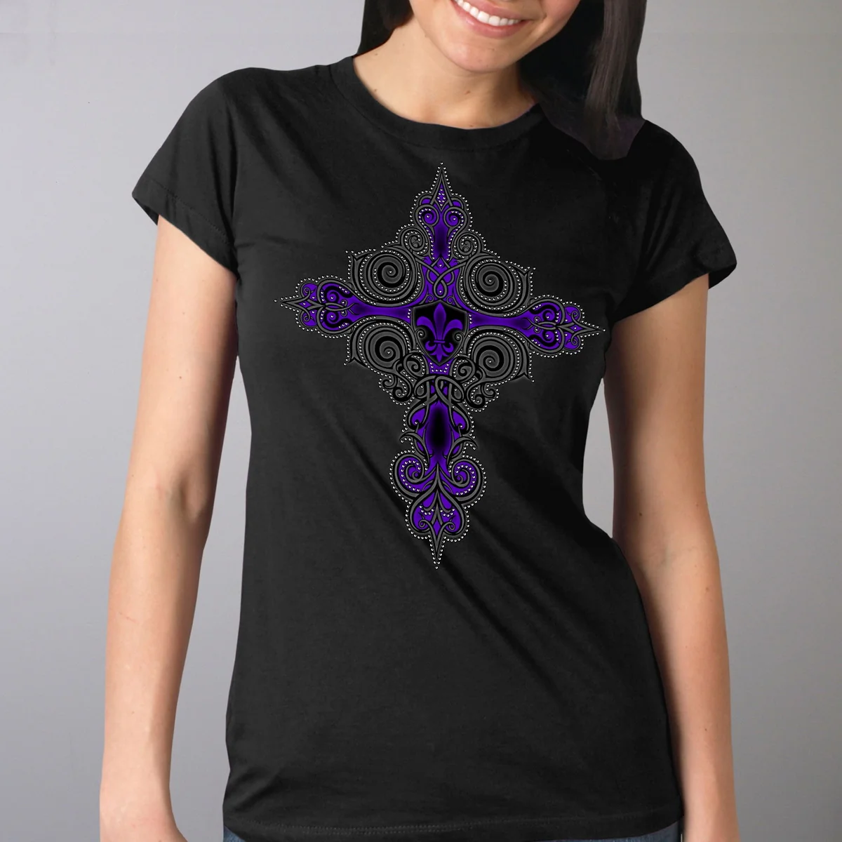 Relaxed Hot Leathers GLR1469 'Studded Fleur De Lis Cross' Ladies Black T-Shirt Excellent