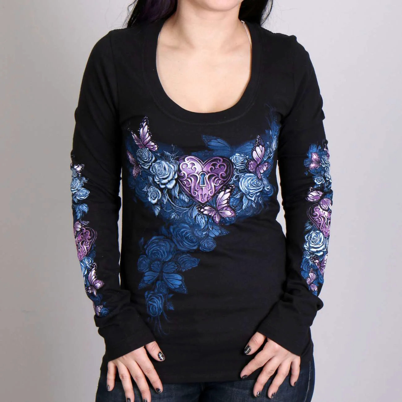 Excellent Hot Leathers GLC3394 Heart Lock Scoop Neck Black Long Sleeve Ladies Shirt Top-Quality