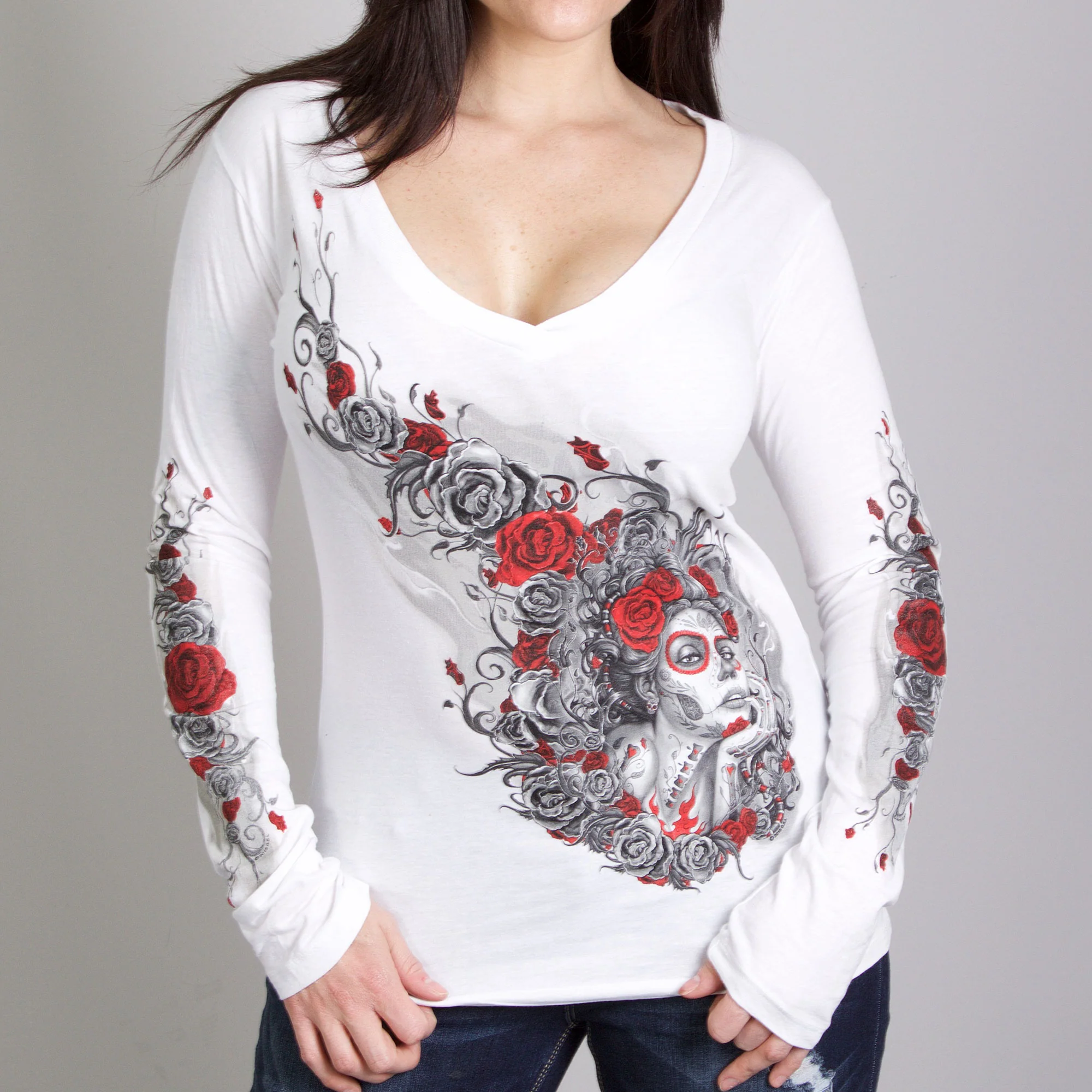 Versatile Hot Leathers GLC3412 Sugar Woman V-Neck Long White Sleeve Shirt First-Class