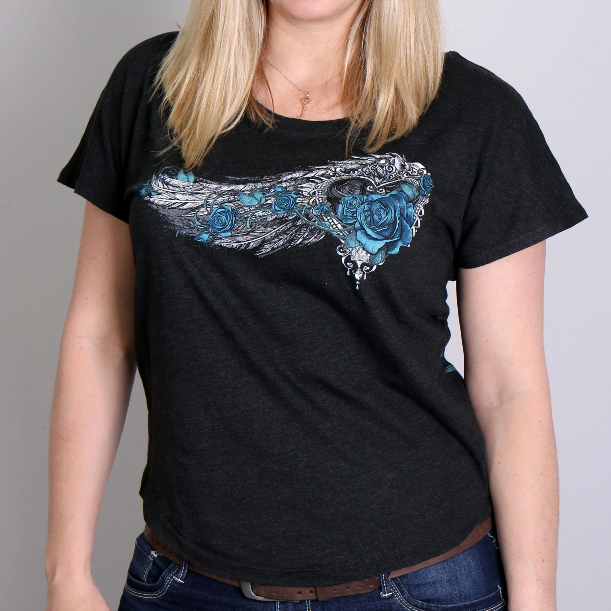 Minimalist Hot Leathers GLD1345 'Angel Roses' Dolman Relax Fit Full Cut Ladies Vintage Black Tee Fashionable
