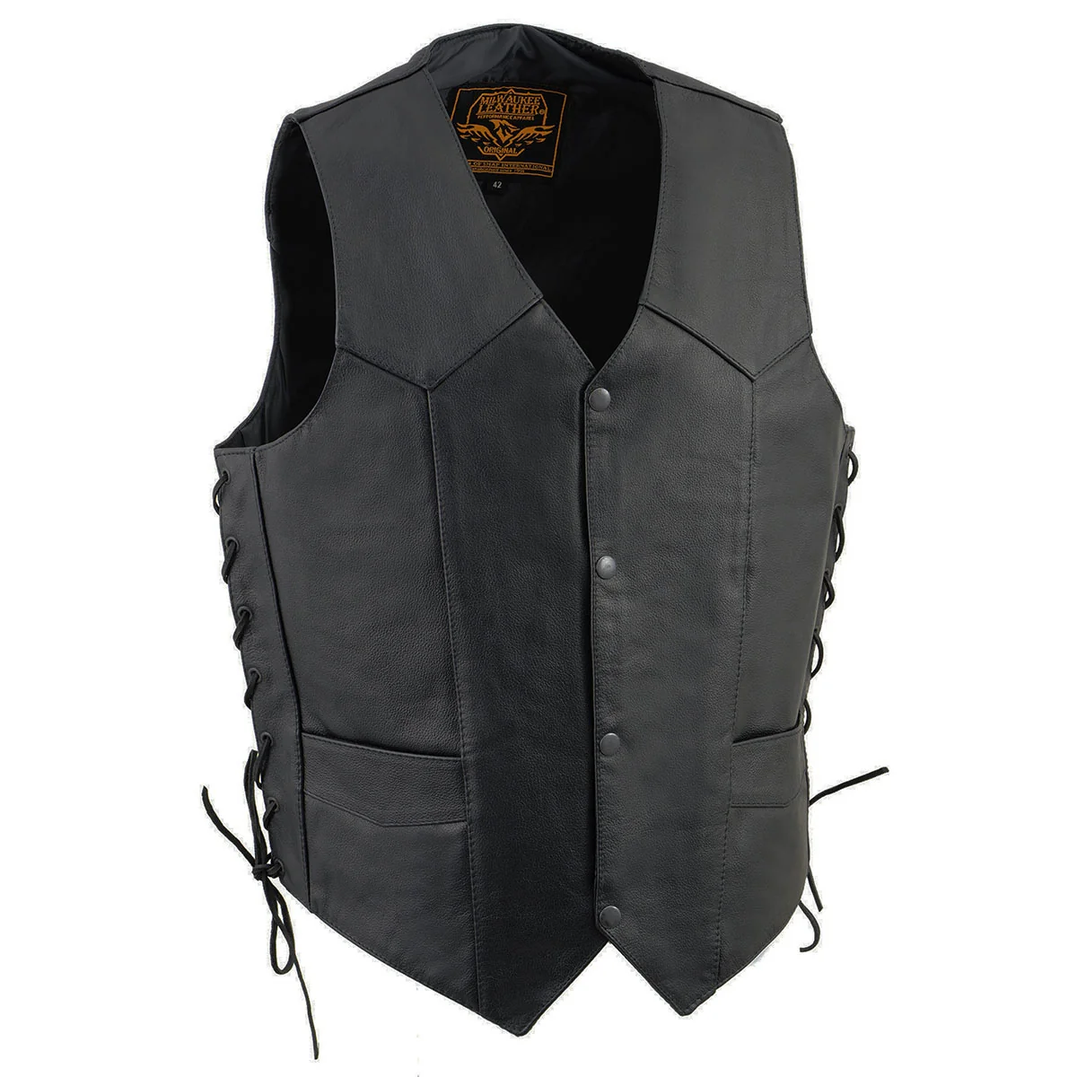 Outstanding Milwaukee Leather SH131578 Men's Black Leather Classic V-Neck Motorcycle Leather Vest w Side Lace Long-Lasting