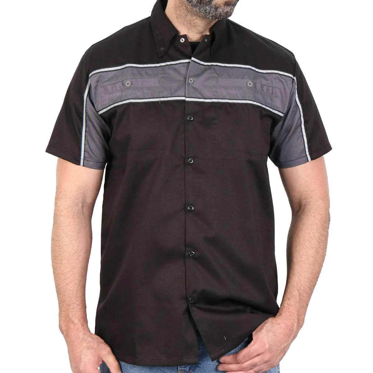 Optimized Hot Leathers GMM1006 Men's 2 Tone Stripe Black and Gray Button Up Heavy-Duty Work Shirt for Classic Mechanic Work Shirt Outstanding