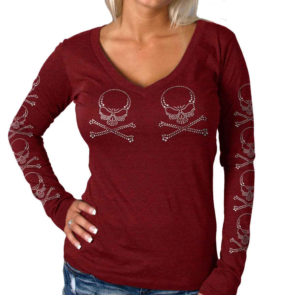 Safe Hot Leathers Ladies Long Sleeve Studded Cross Bones Shirt GLC3542 Quality