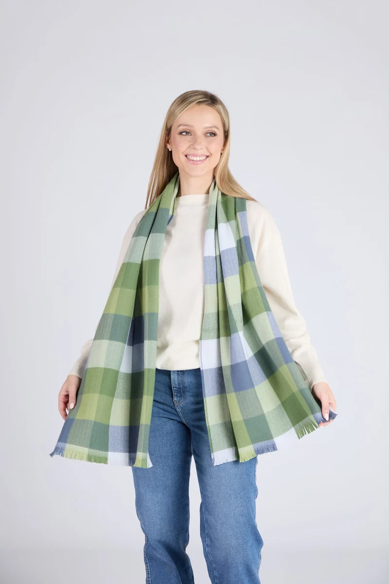 Flexible Foxford Green Blue Block Check Extra-Fine Merino Scarf Trendy