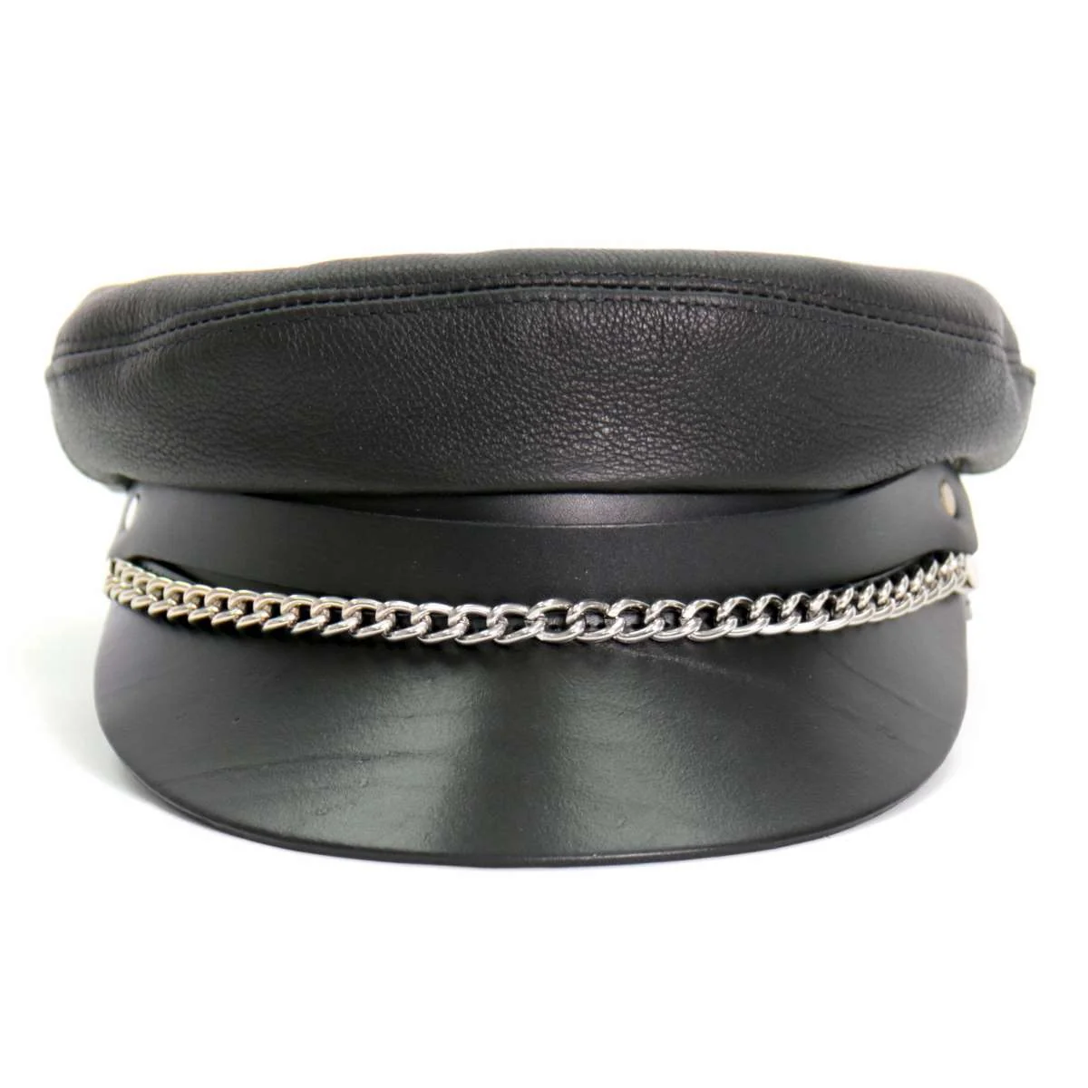 Verified Hot Leathers Flat Top Biker Leather Cap With Chain LHA2004 Expertly Made