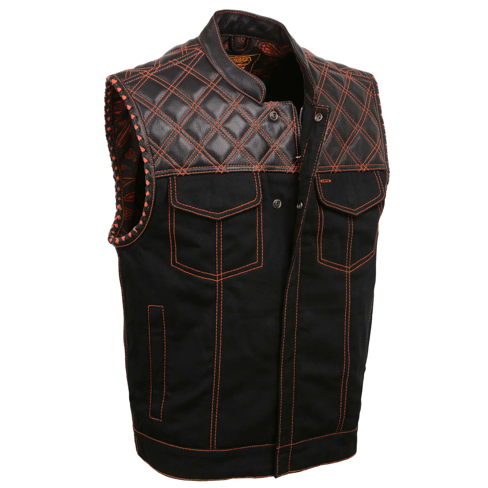 Practical Milwaukee Leather MDM3037 Men s Wrecker Club Vest – Black Denim Leather Diamond Quilt Orange Stitch Professional