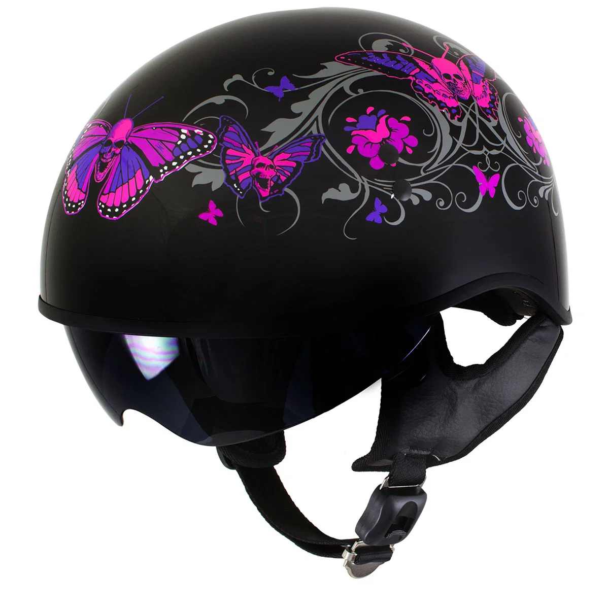 Excellent Milwaukee Helmets T72 Gloss Black Pink Butterflies Advanced DOT Helmet w Drop Down Visor High-End