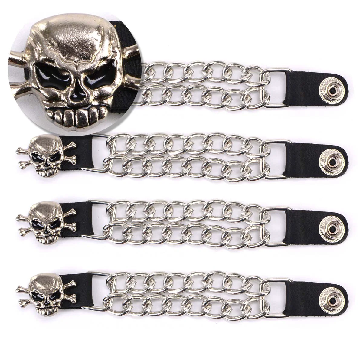 High-End Milwaukee Leather MLA6004SET Skull and Cross Bones 4-PCS Vest Extender Double Chrome Chains w Leather 4 Extension Powerful