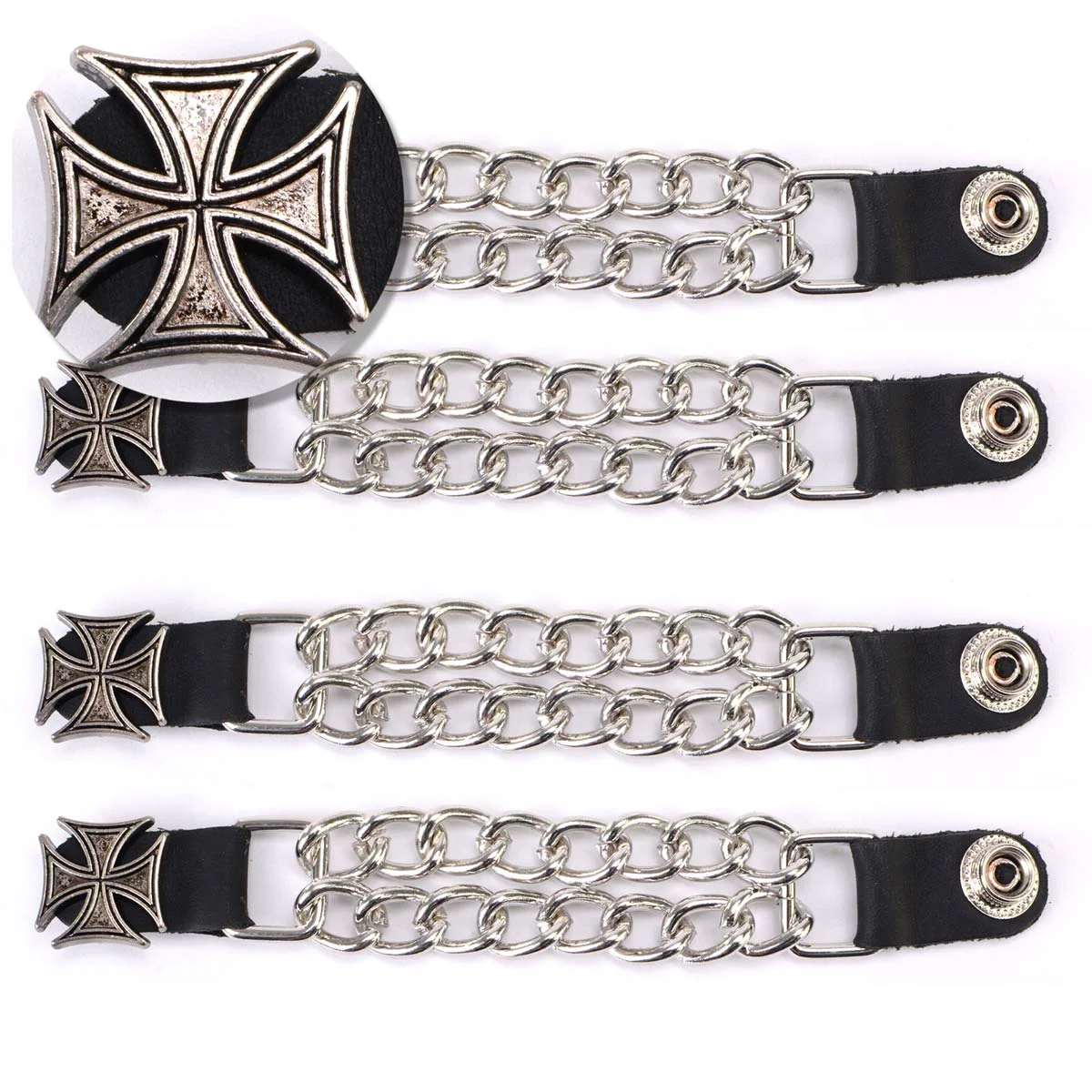 Premium Material Milwaukee Leather MLA6020SET Iron Cross 4-PCS Vest Extender Double Chrome Chains w Leather 4 Extension Versatile