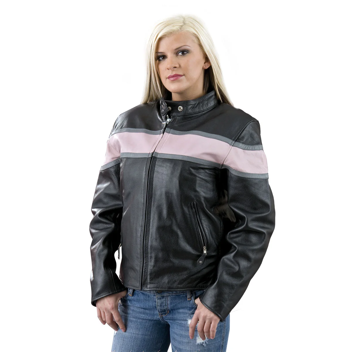 Reliable Leather EL7111 Ladies Black and Pink Racer Style Leather Jacket Functional