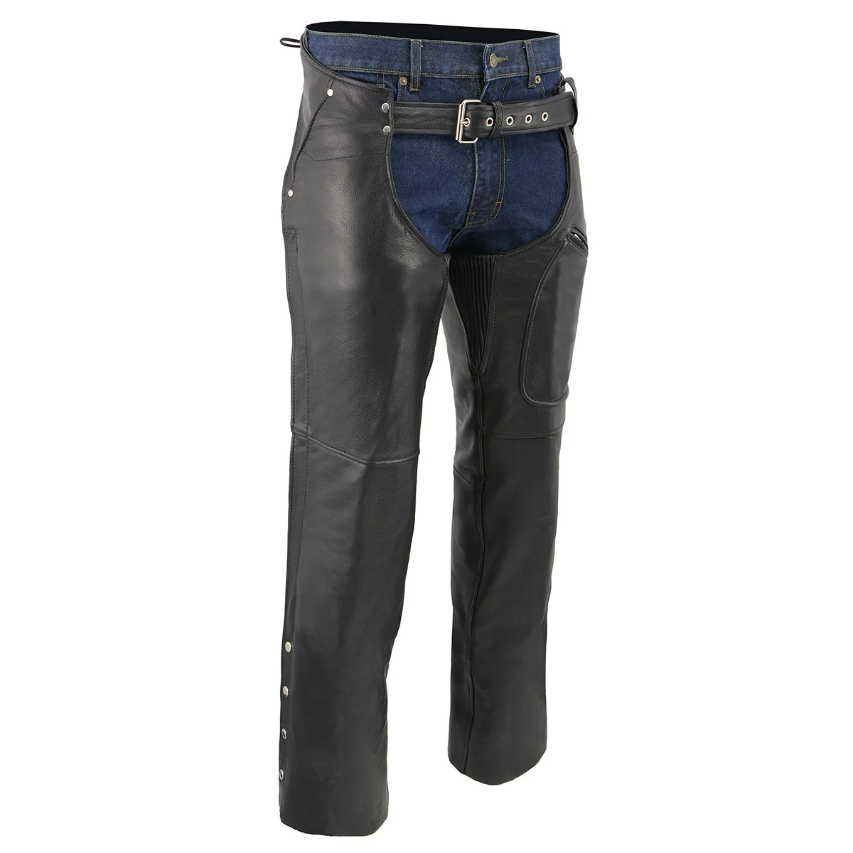 Green Men's XS43401 Black Thermal Lined 3 Pocket Leather Motorcycle Chaps Fine Crafted