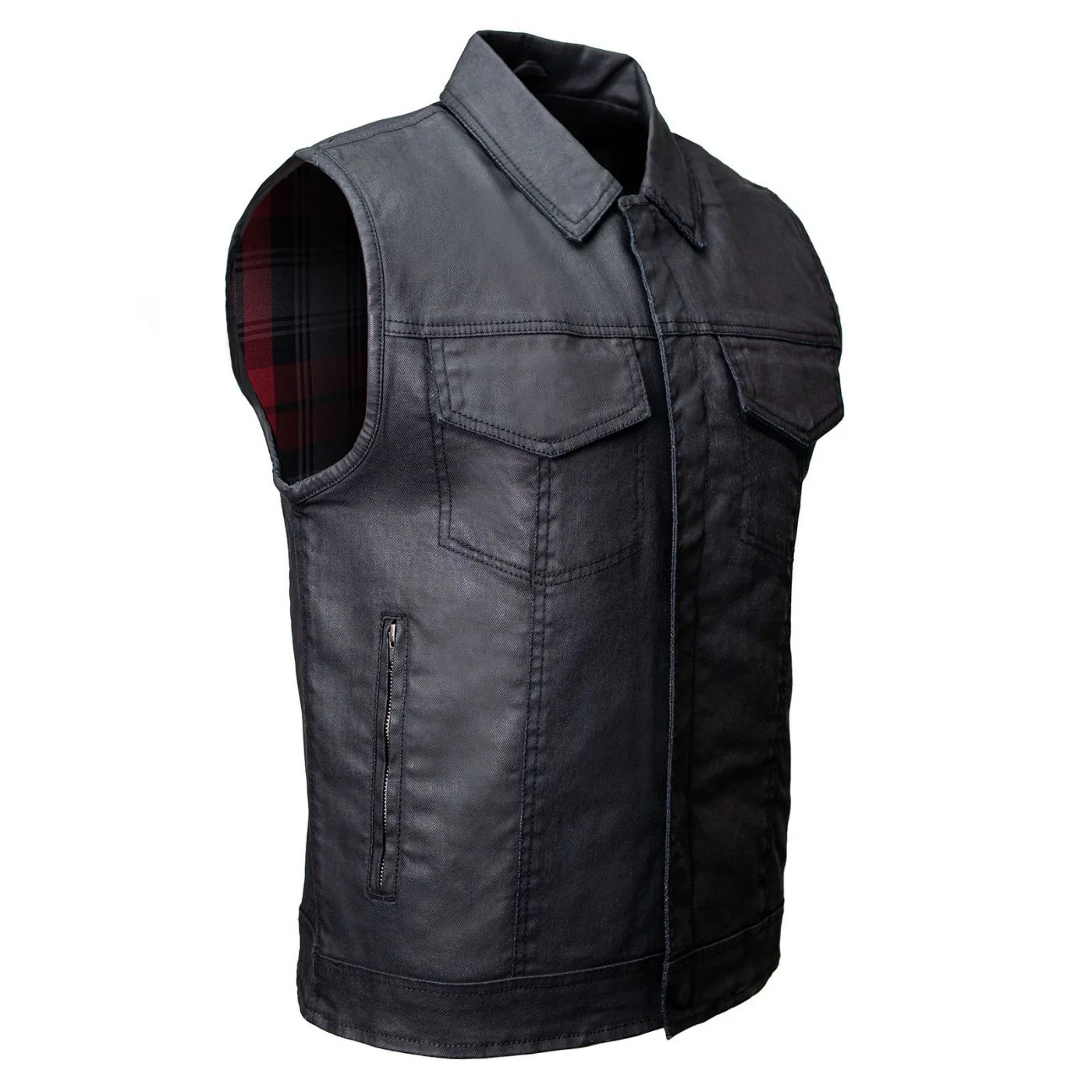 Fine Milwaukee Leather MDM3030 Men s Black Waxy Coated Denim Club Style Motorcycle Rider Vest w Shirt Collar Unique