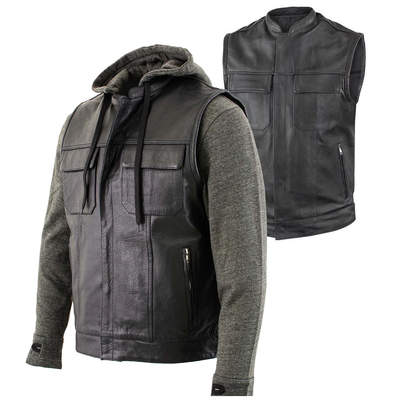 Eco-Friendly Milwaukee Leather LKM3785 Men's 2 in 1 Classic Black Premium Leather Motorcycle Hoodie Jacket w Convertible Vest Top-Quality