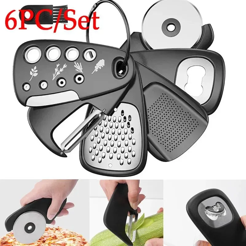 Breathable 6pcs Kitchen Gadgets Set - Cheese Bottle Opener Vegetable Peeler Pizza Cutter Garlic Grinder Herb Stripper - Camp Kitchen Tools Fine