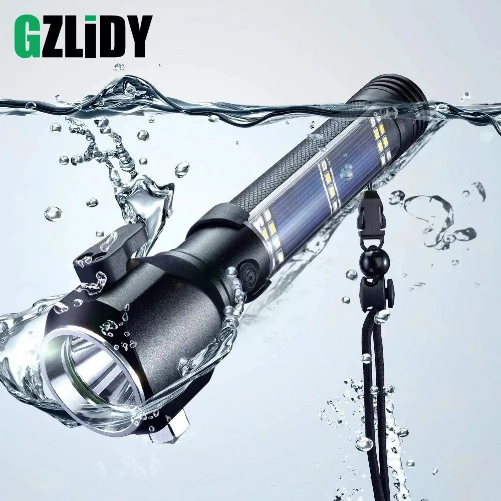 Casual USB Rechargeable Solar LED Flashlight - Multi-function Emergency Torch with Safety Hammer Mobile Power Compass for Outdoor Activities Practical