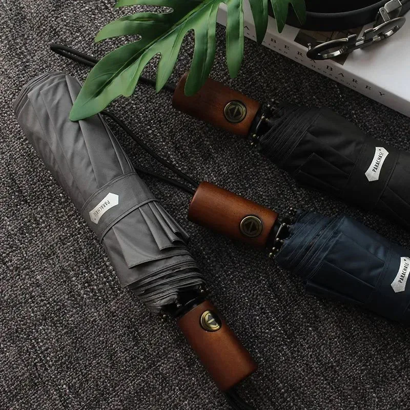 Excellent Parachase Automatic Umbrella – 10-Rib Golf Sun Umbrella Wooden Handle Windproof UPF50 3 Colors Long-Lasting