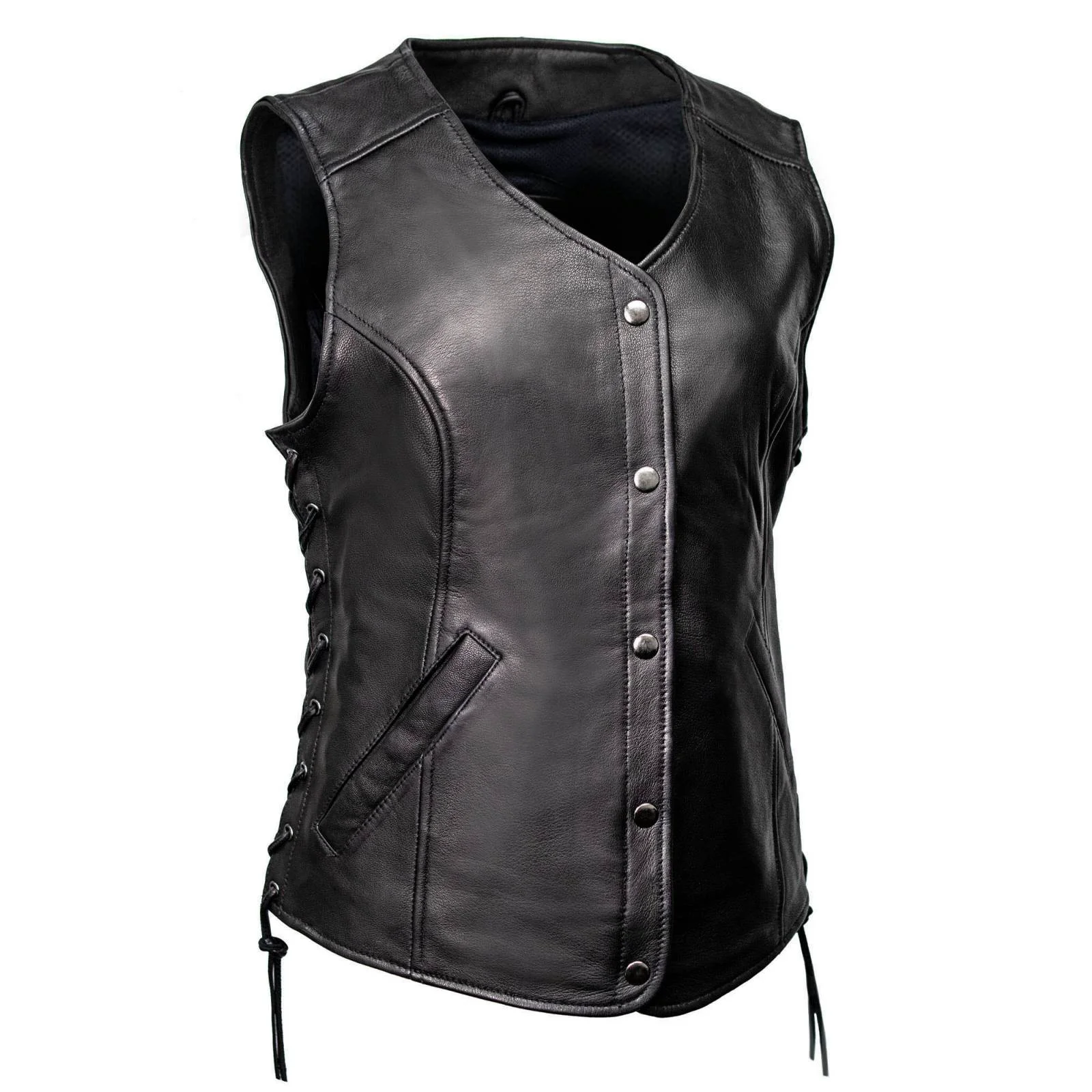 Stylish MMCC Women's Born Black Leather Motorcycle Vest - MMC40002 Functional