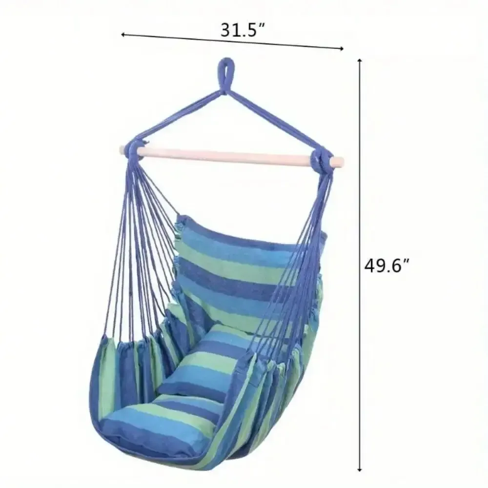 High-Grade Cotton Canvas Hanging Rope Chair with Pillows - Outdoor Patio Swing Seat for Porch Garden Camping 220lb Capacity Optimized