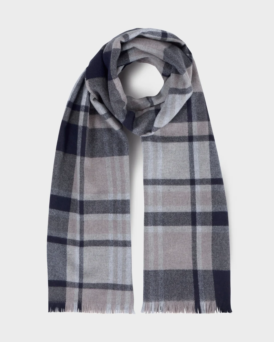 Powerful Foxford Navy and Mink Tartan Fine Wool Cashmere Blend Scarf Next-Generation