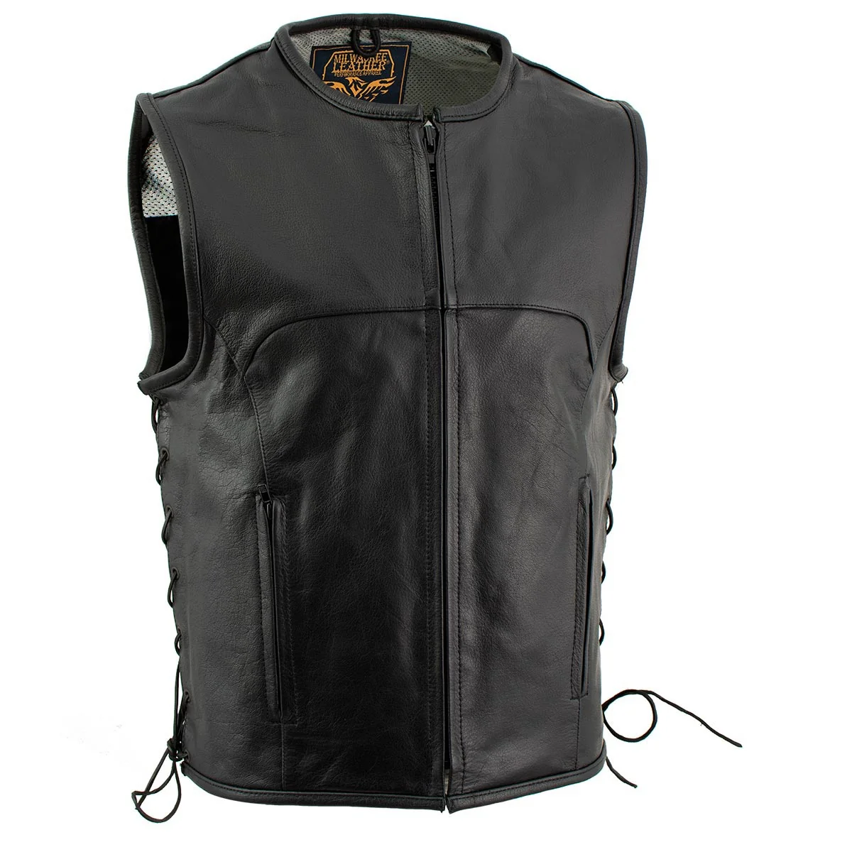 Crafted Milwaukee Leather Men's Drifter Black Collarless Buffalo Leather Motorcycle Vest - LKM3792 Environmentally Friendly