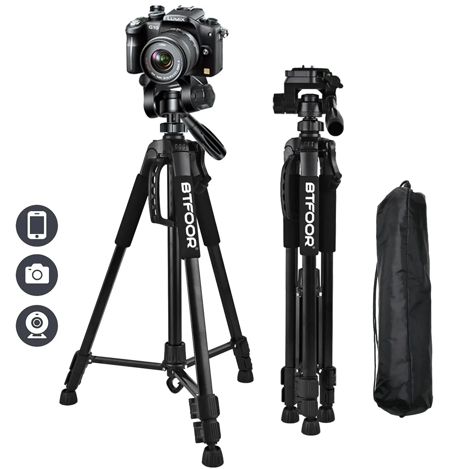 Crafted 55 Aluminum Camera Tripod with Phone Mount - 140CM Tall Stand w Pan Head for DSLR Smartphone Optimized