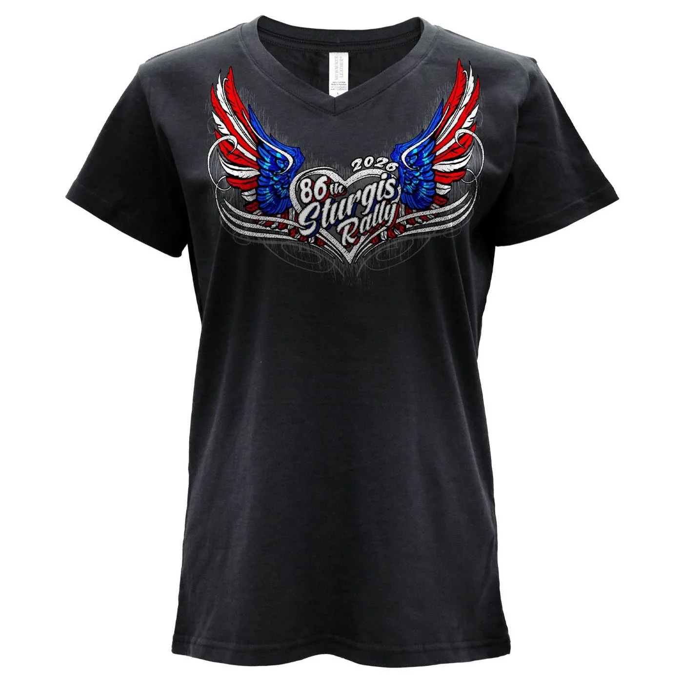 Healthy 2026 Ladies Sturgis Motorcycle Rally Flag Heart Wings Black Short Sleeve V-Neck T-Shirt - SPL1943 Solid
