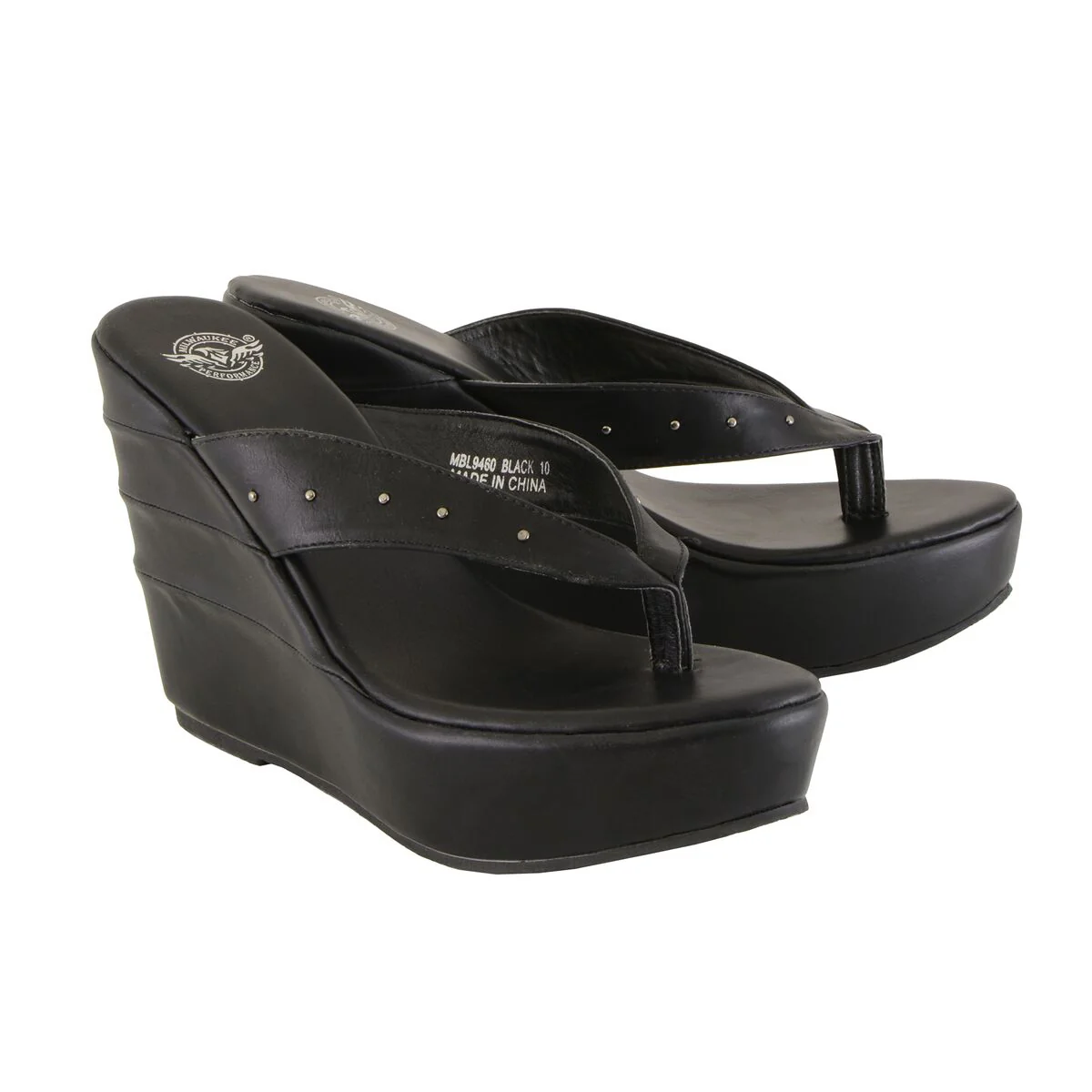 High-Grade Milwaukee Leather MBL9460 Women's Black Wedge Fashion Casual Sandals with Studded Straps Elegant