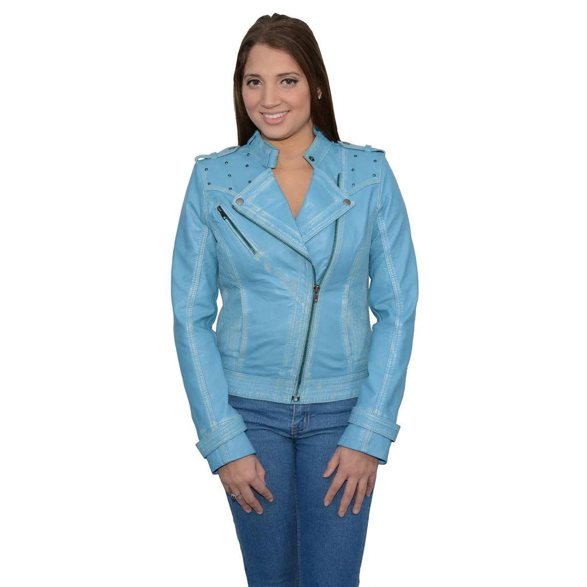 Trendy Milwaukee Leather Women's Maiden Aqua Premium Sheepskin Motorcycle Fashion Leather Jacket with Studs SFL2840 Fashionable