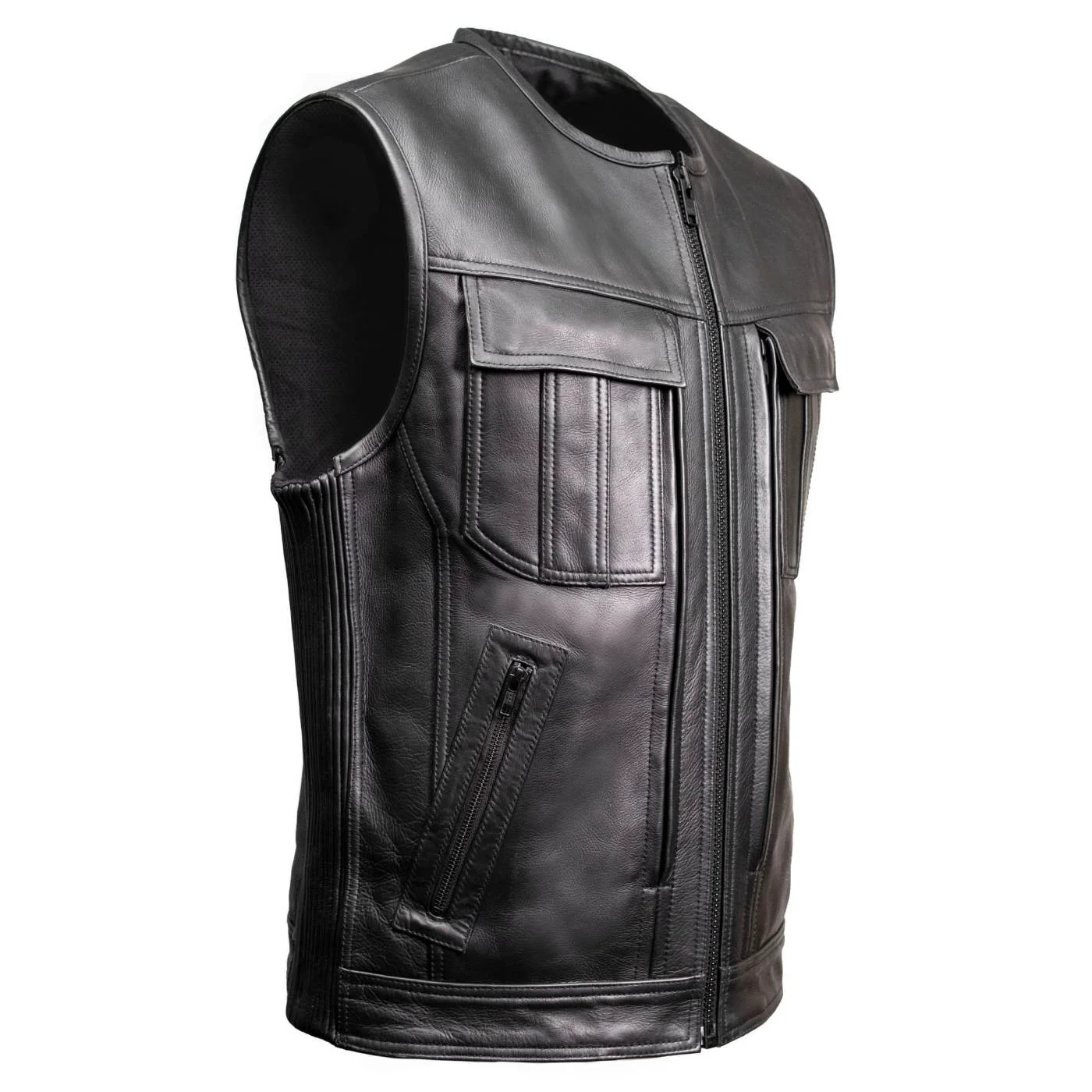 Quality MMCC Men's Quick Draw Black Leather Motorcycle Vest - MMC30001 Innovative
