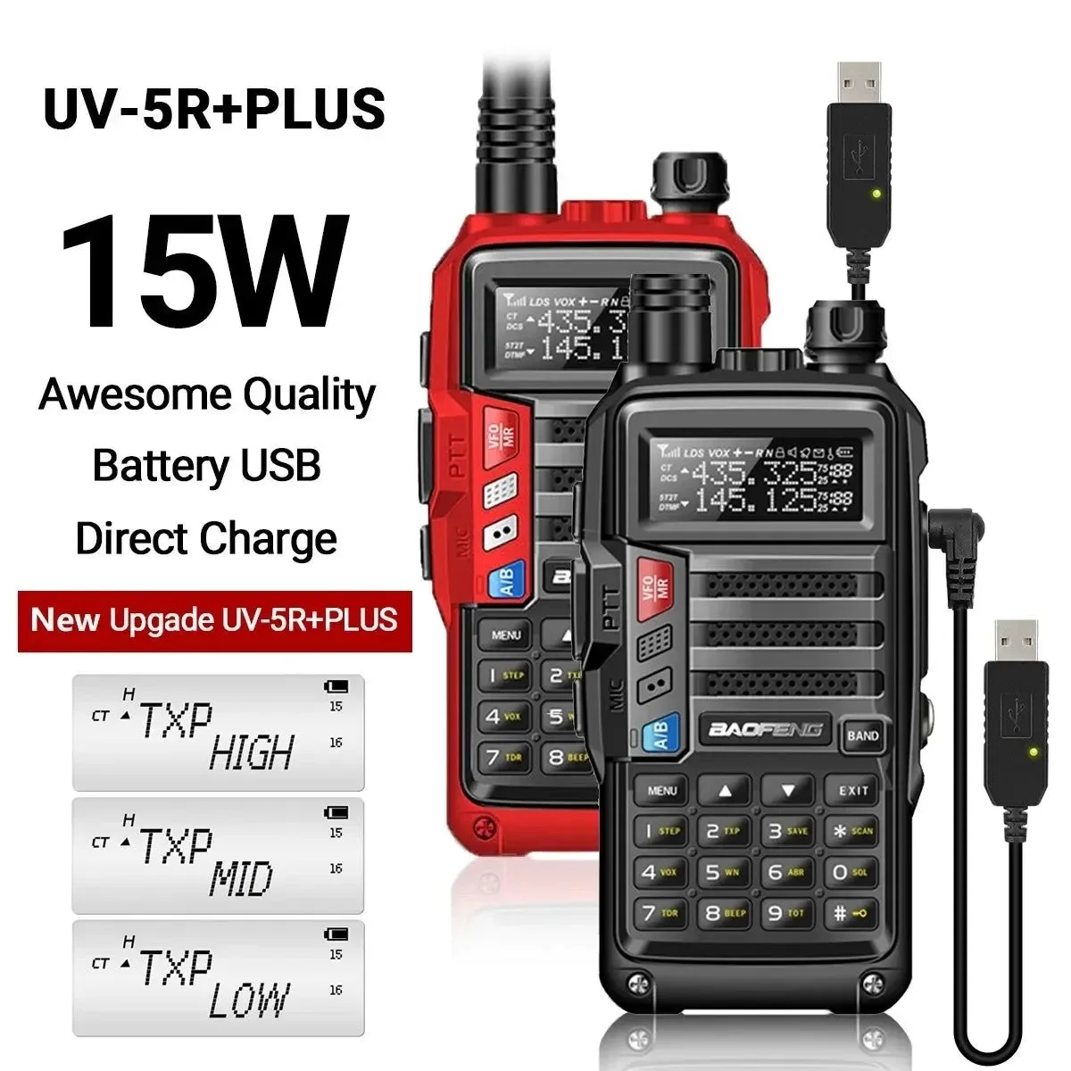 Reusable Walkie-talkie UHF VHF de triple potencia UV-5R Plus de 15 W Verified