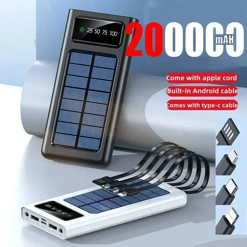 User-Friendly Banco de energía solar de 200.000 mAh con cables integrados y luz LED cargador con dos puertos USB de carga rápida para iPhone. Sustainable