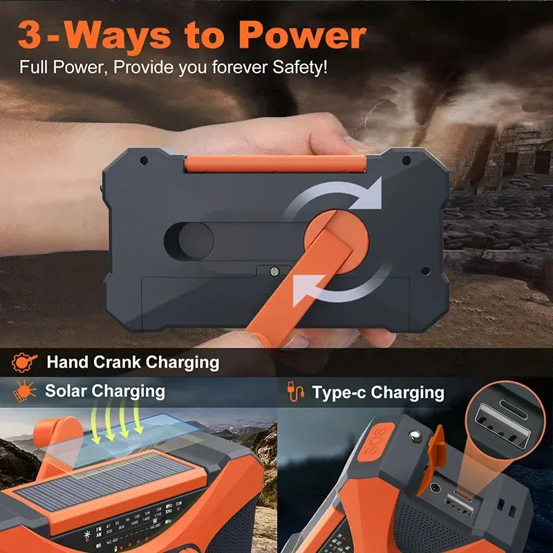 Classic Linterna de emergencia batería externa de 10000 mAh recargable con manivela solar USB radios meteorológicas AM FM NOAA. Proven
