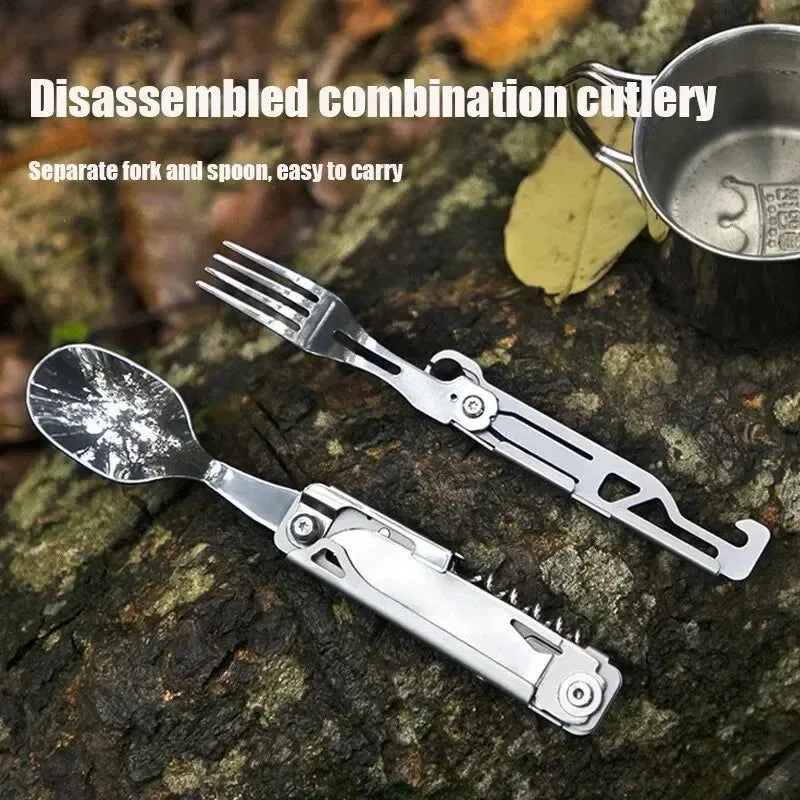 Excellent Juego de cubiertos plegables portátiles multifuncionales cuchillo tenedor cuchara y abrelatas de acero inoxidable para acampar al aire libre. Innovative