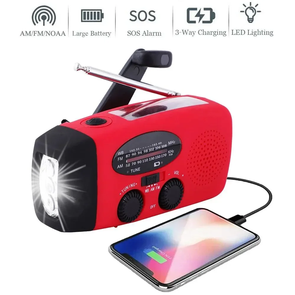 Premium Linterna solar de camping con manivela y radio linterna LED recargable por USB con batería externa y alertas meteorológicas. High-End