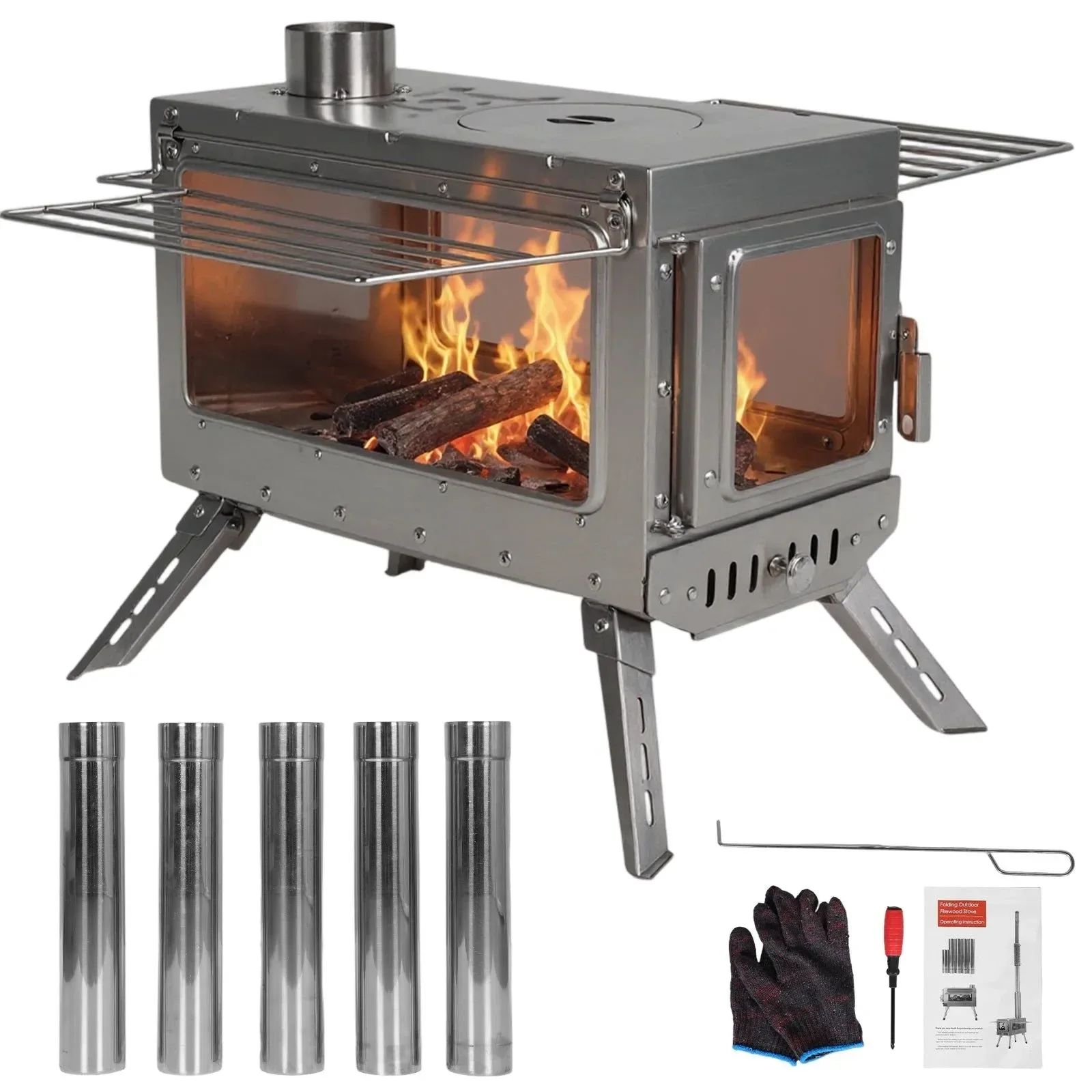 Fine Large Stainless Steel Tent Stove with Chimney Pipe Portable Wood Burner for Heating Cooking Certified