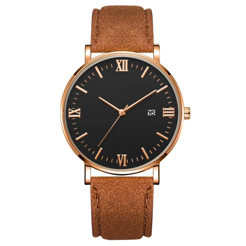 Expertly Made Flavio Classic Elegant Watch with Black Dial and Brown Belt Pure