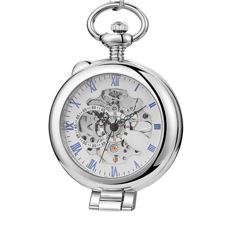 Top-Quality Olaf Orkina Mechanical Skeleton Pocket Watch Silver High-Performance
