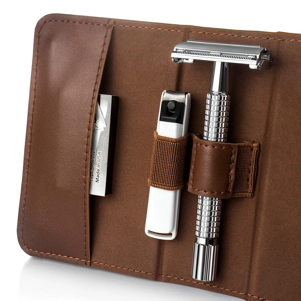 Professional Safety Razor Travel Shaving Kit With Vintage Leather Case Detailed