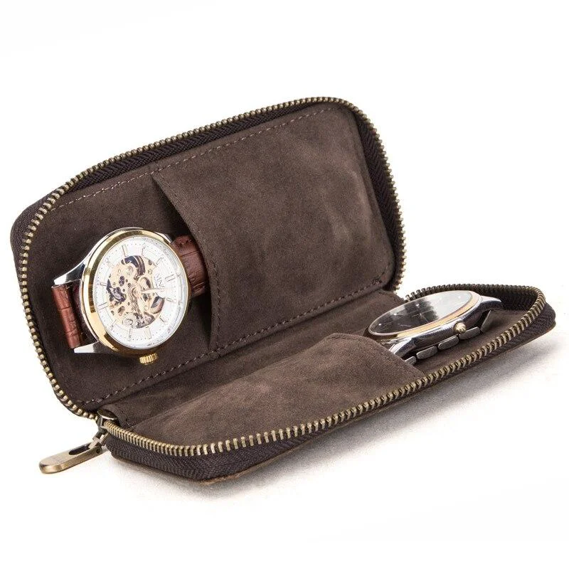 Proven Ethan Rustic Leather 2 Slot Portable Watch Case Dependable