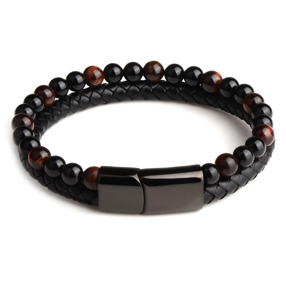Premium Pulsera de cuentas de piedra natural y cuero Fine