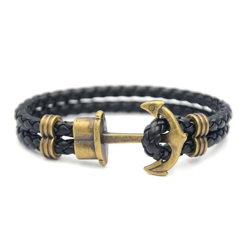 Casual Oliver Pulsera de cuero trenzado con ancla de bronce Verified