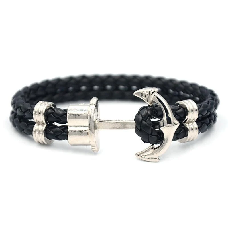 Sophisticated Oliver Ancla de plata pulsera de cuero trenzado First-Class