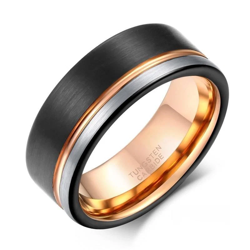 Professional Leonardo Anillo cepillado de carburo de tungsteno y línea de oro rosa Contemporary