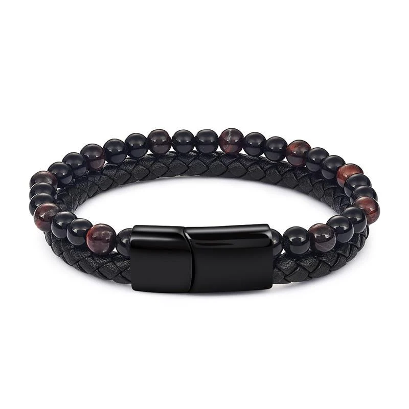 Genuine Jose Pulsera de cuentas de piedra natural y cuero Excellent
