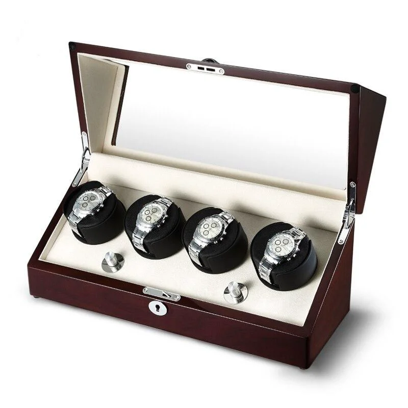 Official Frediano Mahagony Caja de 4 ranuras para dar cuerda a relojes Clean