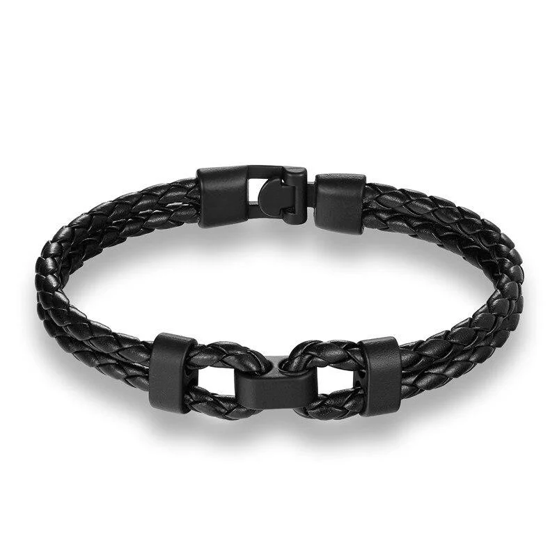 Certified Pulsera de cuero trenzado con doble grillete negro mate Trendy